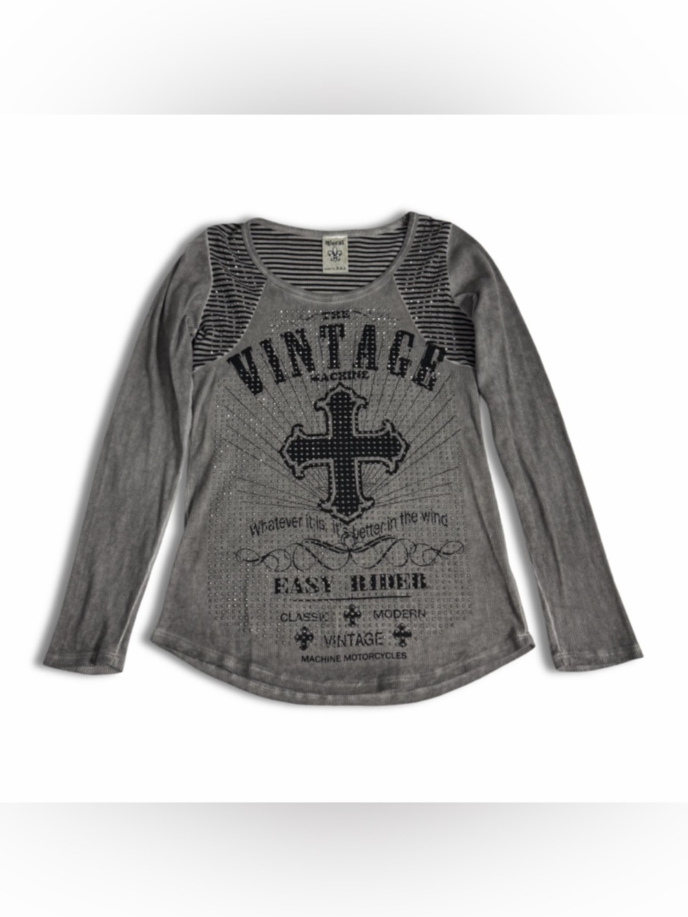 Vintage Vocal Western Graphic Grunge Striped Rhinestone Longsleeve Top